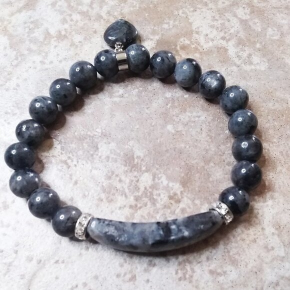 Norwegian Larvikite Bar Bracelet for 7" Wrist = Black, Silver + Grey Labradorite - Picture 1 of 6